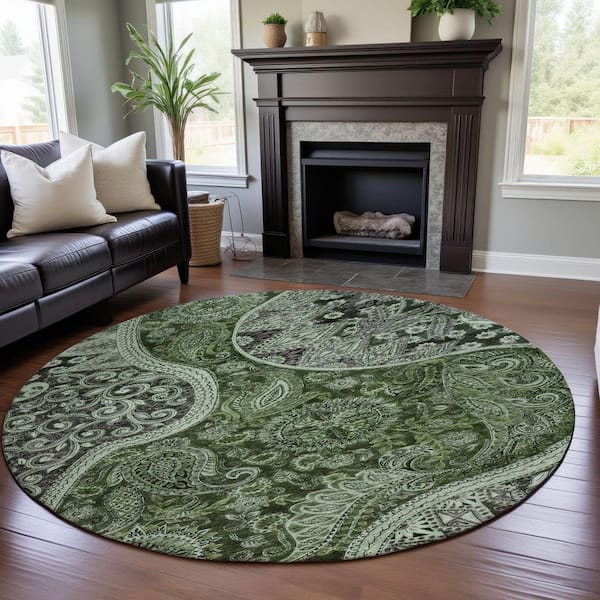 Mayfield Premium Machine Washable Abstract AMF1078 Olive 8 ft. x 8 ft. Round Rug