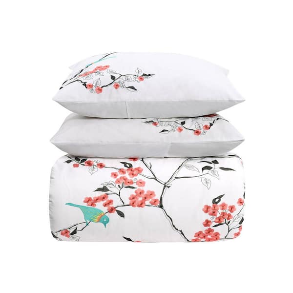 Coral White Botanical Queen Cotton Duvet Cover Set