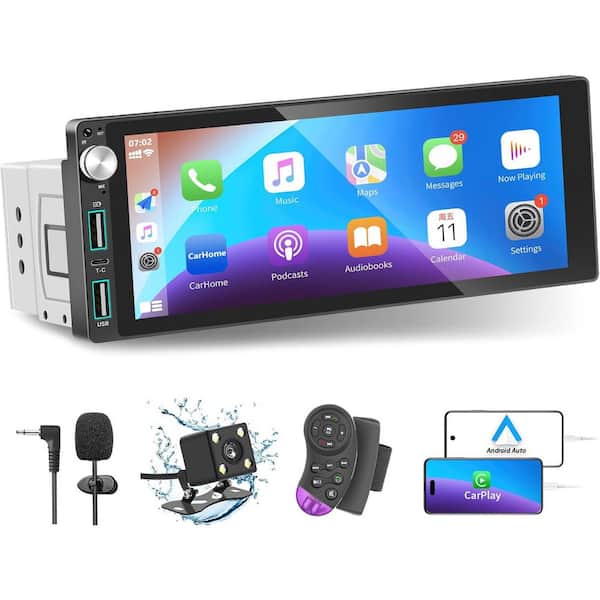 Single Din Car Stereo with Carplay Android 6.9 in. IPS Touch Screen Backup Camera Bluetooth Handsfree FM AM USB EQ SWC