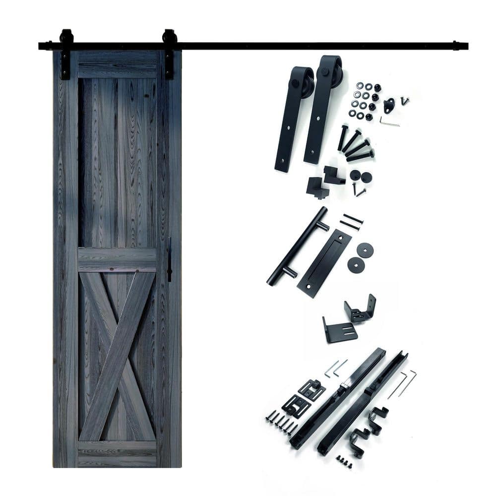 HOMACER 28 in. x 84 in. X-Frame Navy Solid Pine Wood Interior Sliding Barn Door with Hardware Kit, Non-Bypass