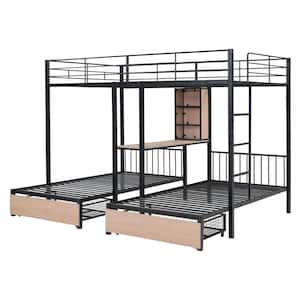 Black Full Over Twin Twin Triple Bunk Bed with 2-Drawers, Desk and Shelves