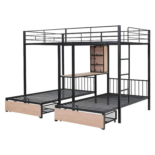 Nestfair Black Full Over Twin Twin Triple Bunk Bed with 2-Drawers, Desk and Shelves