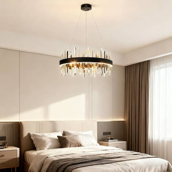 Modern 1-Light Dimmable Integrated LED Plated Brass and Matte Black Crystal Drum Chandelier for Dining Room Bedroom