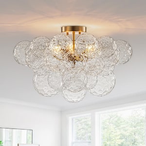 Neuvy 3-Light 21 in.W Brushed Brass Modern Bubble Cluster Bowl Chandelier Semi-Flush Mount Chandelier w/ Hammered Glass