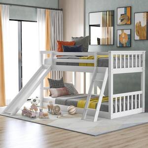 White Solid Wood Twin Over Twin Bunk Bed with Slide and Ladder