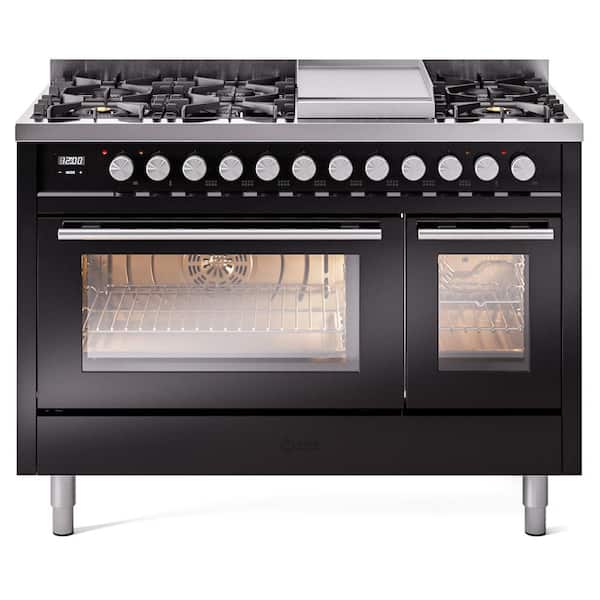 ILVE Professional Plus II 48 in. 8 Burner Griddle Freestanding Double Oven Liquid Propane Dual Fuel Range in Glossy Black