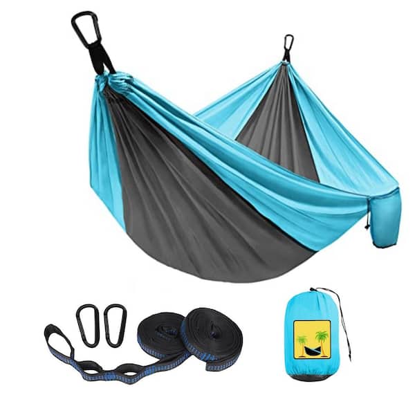 Justincity 8.8 ft. Double and Single Medium Portable Hammock with Storage Bag, 2 10 ft. Talon Straps in Dark Gray and Sky Blue