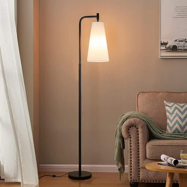 67.5 in. Black Metal Floor Lamp with White Fabric Shade and Foot Switch