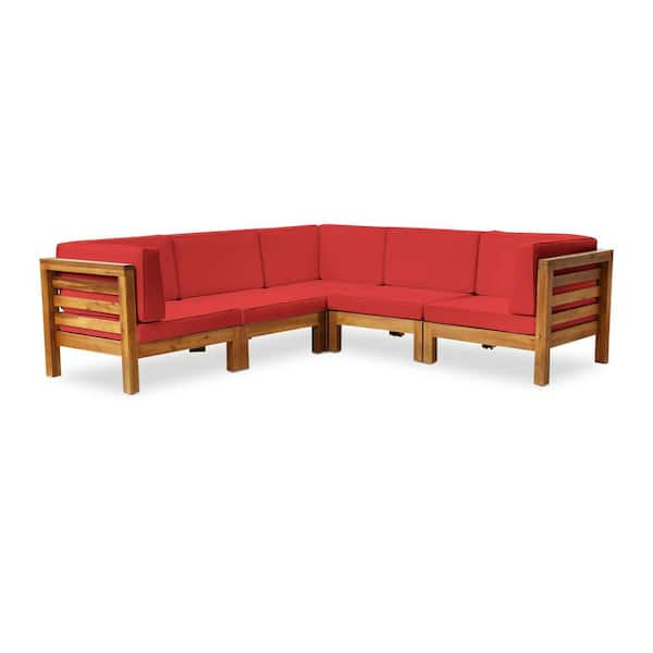 Noble House Oana Teak Brown 5-Piece Wood Outdoor Patio Sectional with Red Cushions