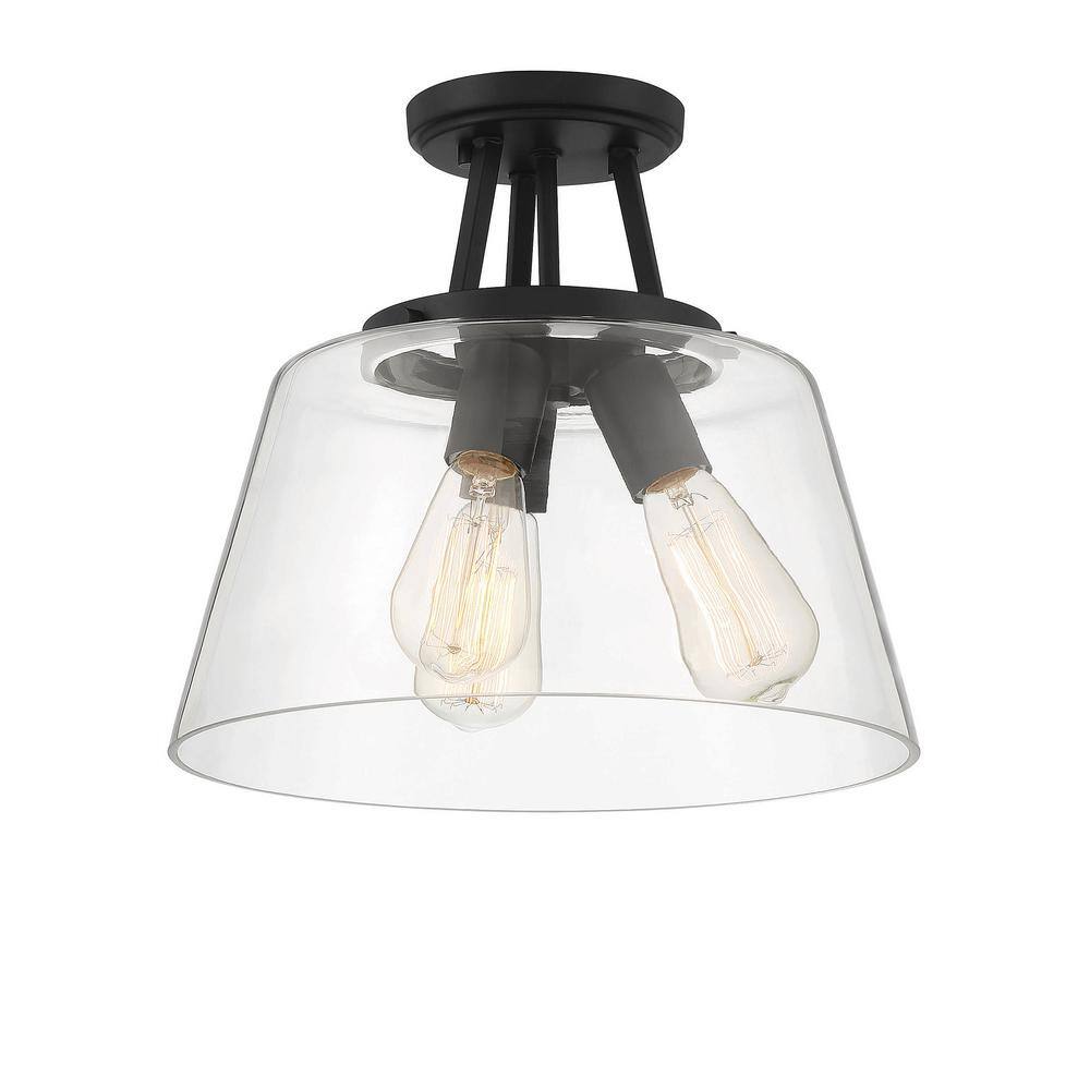 Calhoun Matte Black and Clear Glass 3-Light Semi-Flush Mount