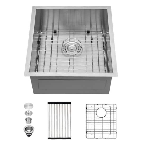 19 in. Undermount Single Bowl 16-Gauge Brushed Nickel Stainless Steel Kitchen Sink with Bottom Grid and Drying Rack