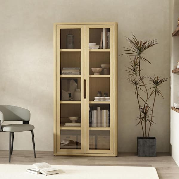 Rivington 79 in. Tall Modern Natural Oak Composite Wood 5-Shelf Standard Bookcase with Tempered Glass Doors