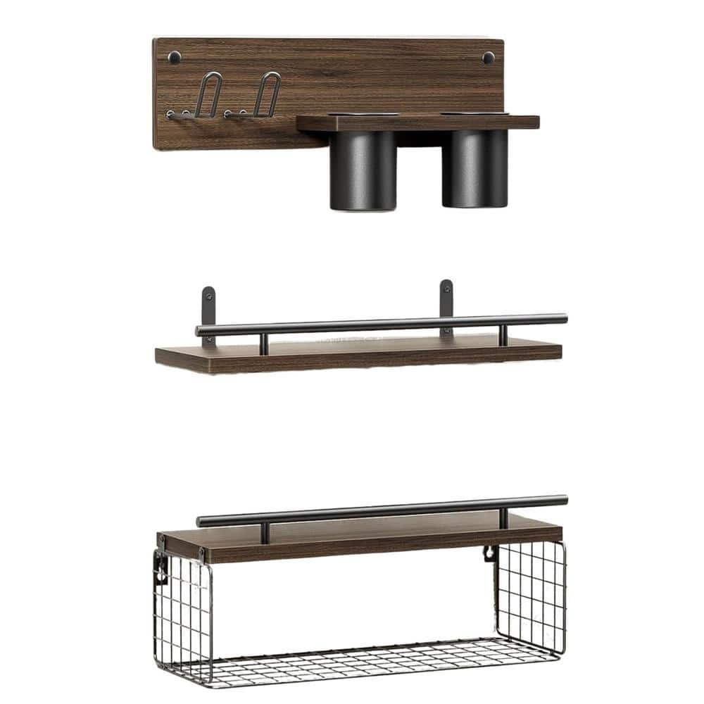 Over The Toilet Wall Mounted Wood Bathroom Floating Shelves with Hair Dryer
