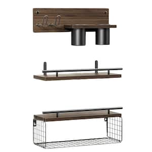Over The Toilet Wall Mounted Wood Bathroom Floating Shelves with Hair Dryer Holder Storage in Wood Rustic Brown 3-Pack