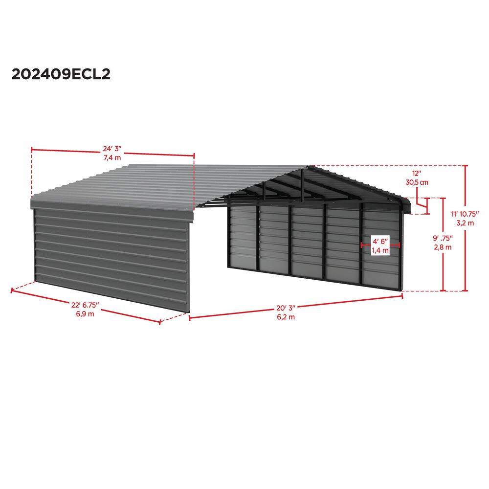 Charcoal Galvanized Steel Carport Kit with 2-Sided Enclosure, 20' x 24' x 9'