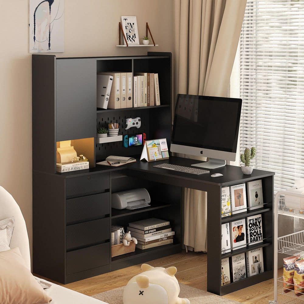 23.62 in. W L-Shaped Black MDF 4-Drawer Computer Desk with Power Outlet, LED Light, Storage, Pegboard