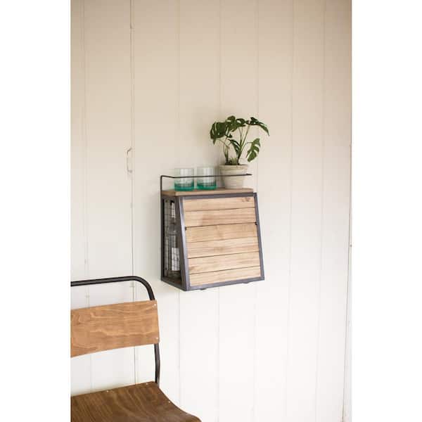 6-Bottle Grey Wood and Metal Wall Bar with Fold Down Shelf