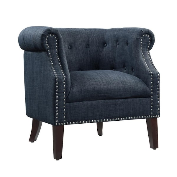 Benjara Blue and Brown Polyester Armchair with Chesterfield Button Tufted