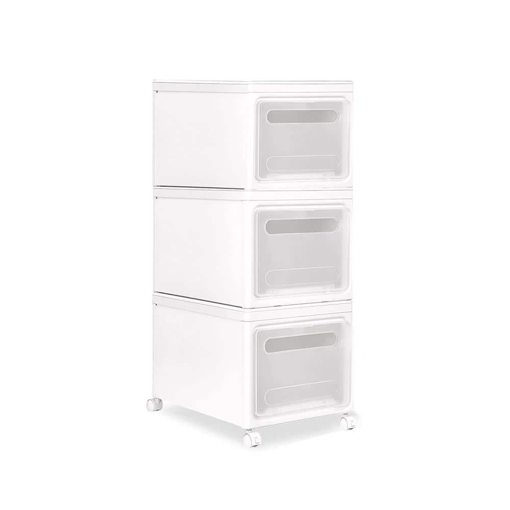 3 Pack White Large Plastic Organization Cube Storage Bin with 4 Wheels