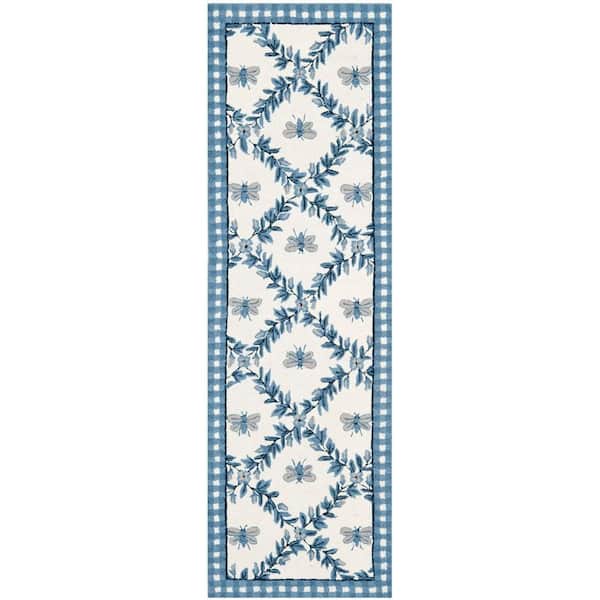 SAFAVIEH Chelsea Ivory/Blue 3 ft. x 12 ft. Border Diamond Floral Runner Rug
