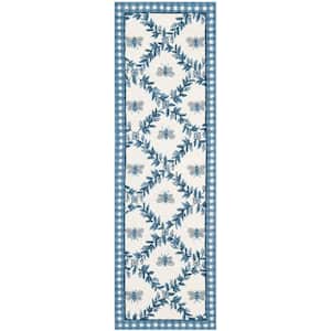 Chelsea Ivory/Blue 3 ft. x 8 ft. Border Diamond Floral Runner Rug