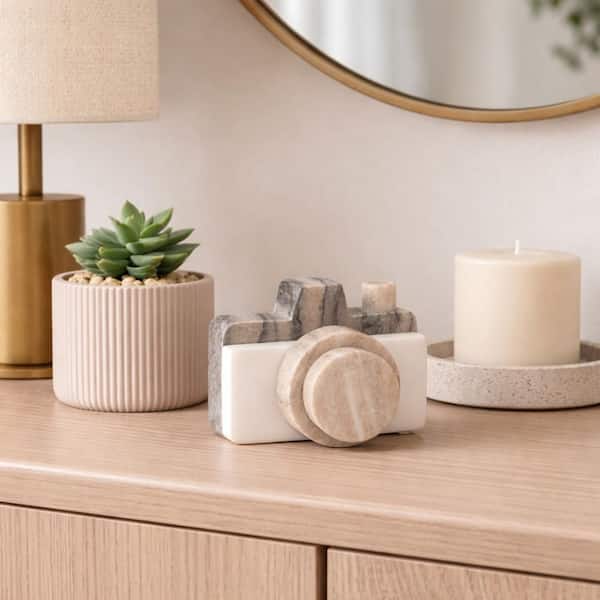 White/Gray 5 in. x 3.5 in. Marble Figurine Camera Shape