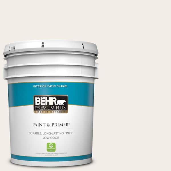 BEHR PREMIUM PLUS 5 gal. #RD-W10 New House White Satin Enamel Low Odor Interior Paint & Primer