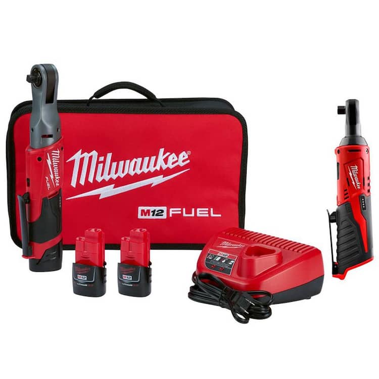 Milwaukee M12 FUEL 12V Lithium-Ion Brushless 3/8 in. Cordless Ratchet Kit with (2) 2. 0Ah Batteries, Charger, Bag &amp; 3/8 Ratchet