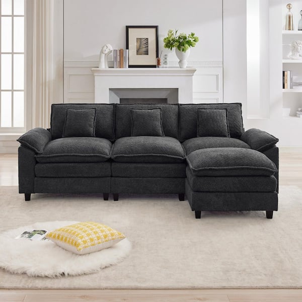 JEAREY 105.9 in. Chenille Fabric 4-Seat Pillow Top Arm L-Shaped Secitonal Sofa with Ottoman in Dark Gray