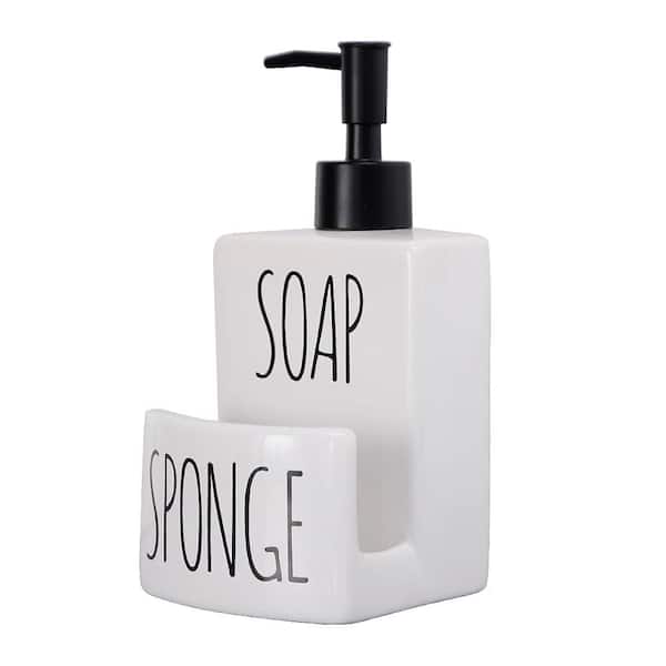 Ceramic Dish Soap Dispenser with Sponge Holder 2-in-1 Freestanding Countertop Pump for Kitchen Sink White