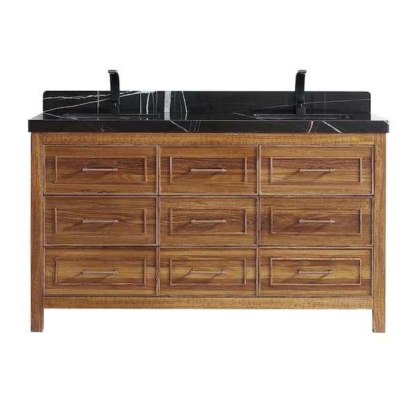 Luxury Ebony Series 60 in. 1 Freestanding Light Brown Finish Bath Vanity with 2 in. Black Natural Marble Top Assembled