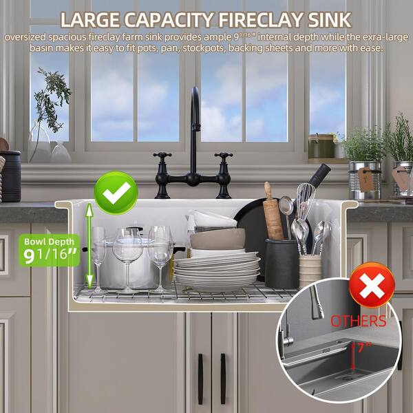 27 Inch White Undermount Kitchen Sink - Fireclay Single Bowl Deep Basin (27"x19"x10") - View #5