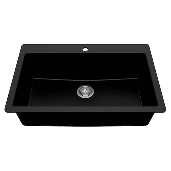 33 in. Drop-In Single Bowl Black Granite Composite Kitchen Sink with Stainless Steel Strainer
