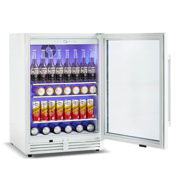 23.4 in. Single Zone 220-Can Beverage Cooler Reversible Door in White Auto Blue LED 3-Removable Tempered-Glass Shelves