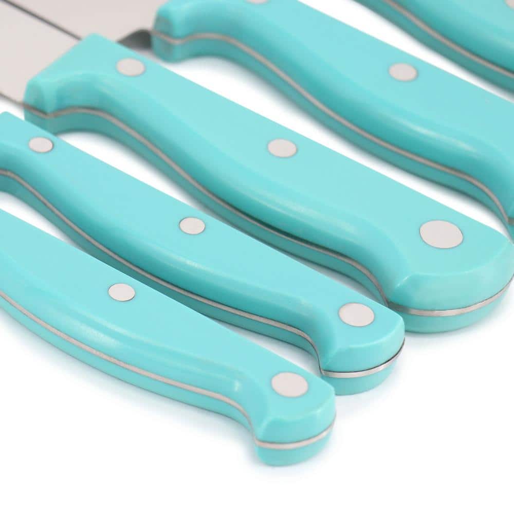 Teal Handle 7-Piece Stainless Steel Knife Set with Wood Block