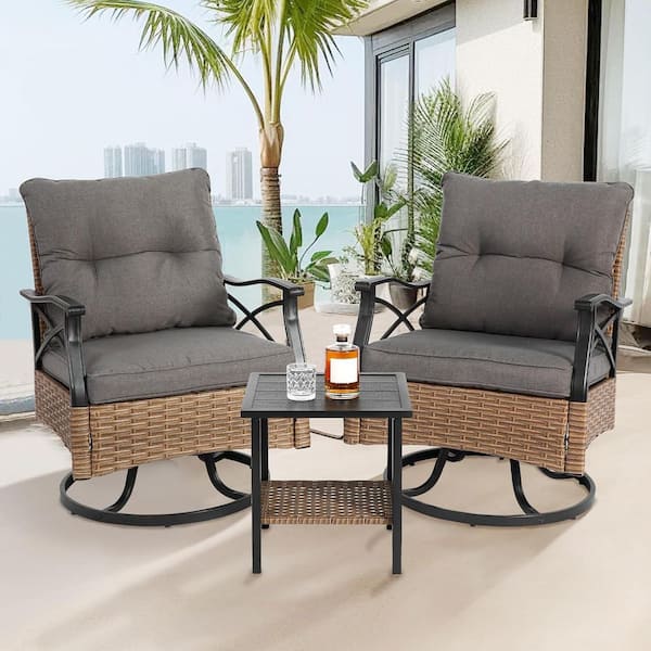 HOMEFUN 3-Piece Wicker Patio Outdoor Bistro Set Swivel Rocker Chairs with Gray Cushions and Table