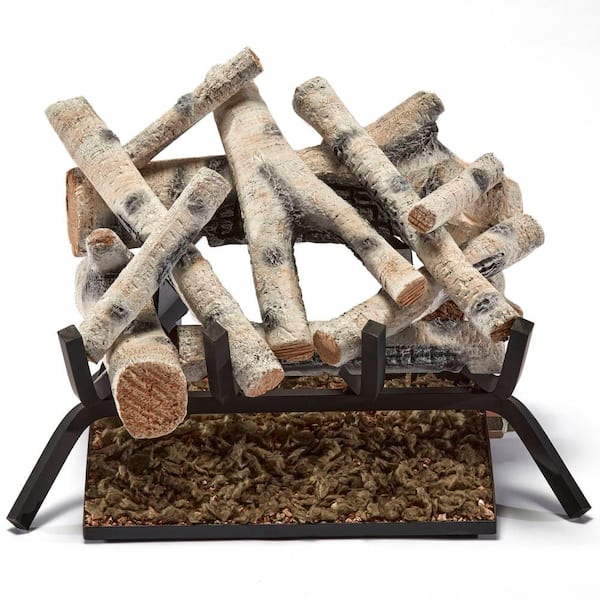 BLUEGRASS LIVING 18 in. Birch Wood Vented Natural Gas Fireplace Log Set With Remote Control Kit, 45,000 BTU