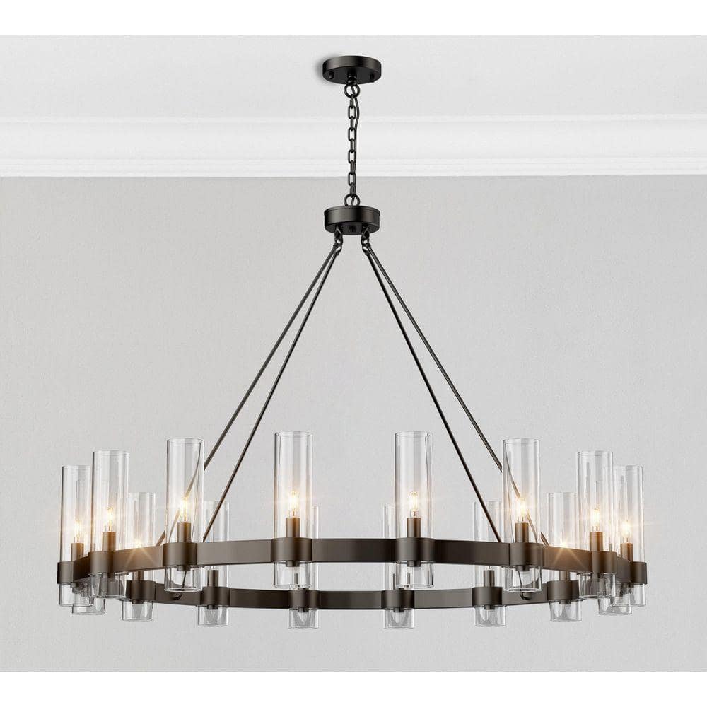 Gleam Flare Farmhouse Chandelier 48 in. 16-Light Black Wagon Wheel