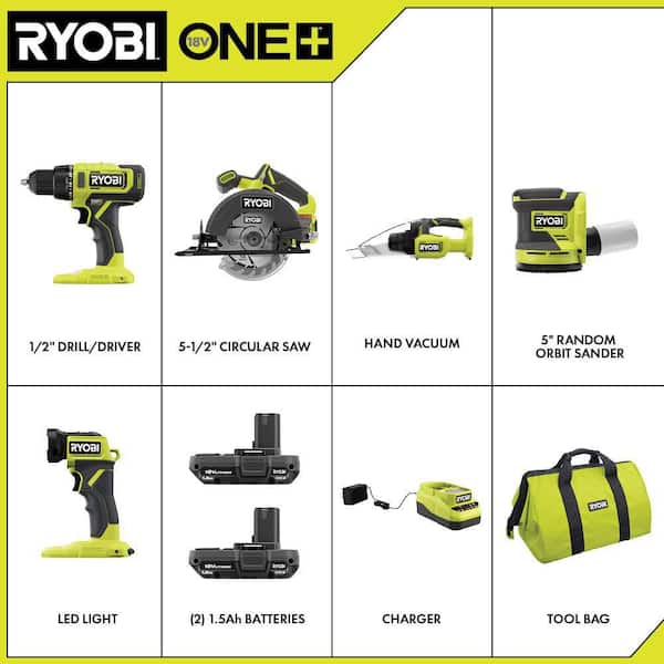 Ryobi PCL1503K2 One+ 18V Cordless 5-Tool Combo Kit with (2) 1.5 Ah Batteries, Charger, and Tool Bag