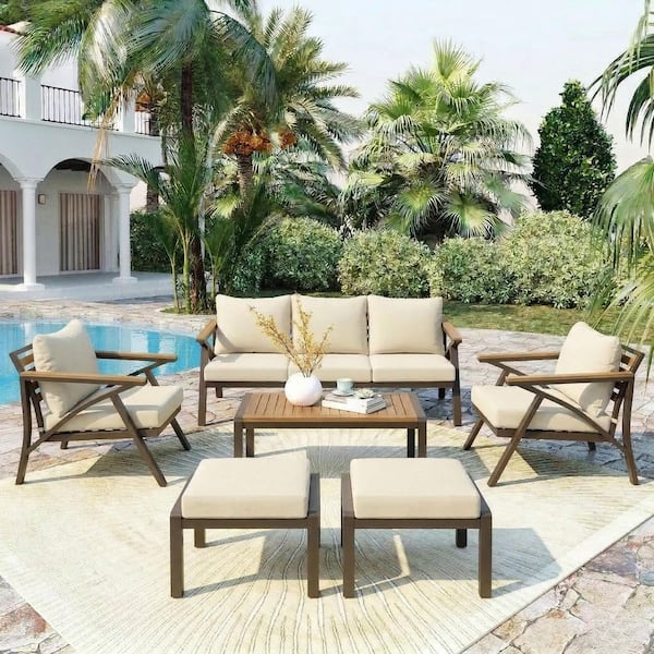 6-Pieces Acacia Wood Outdoor Patio Furniture Set Sectional Sofa