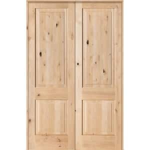 56 in. x 96 in. Rustic Knotty Alder 2-Panel Square Top Both Active Solid Core Wood Double Prehung Interior French Door