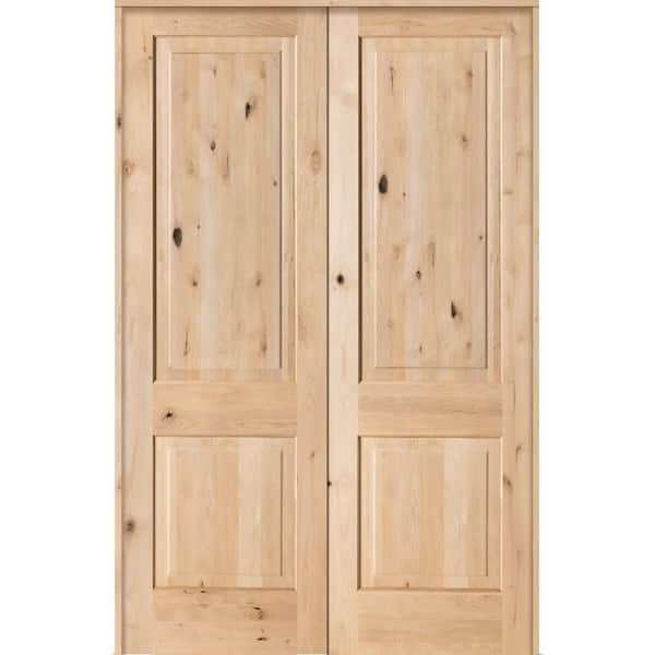 Krosswood Doors 56 in. x 96 in. Rustic Knotty Alder 2-Panel Square Top Both Active Solid Core Wood Double Prehung Interior French Door
