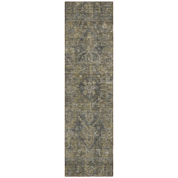 Dark Moss Green and Gray 2 ft. x 8 ft. Woven Oriental Runner Indoor/Outdoor Area Rug