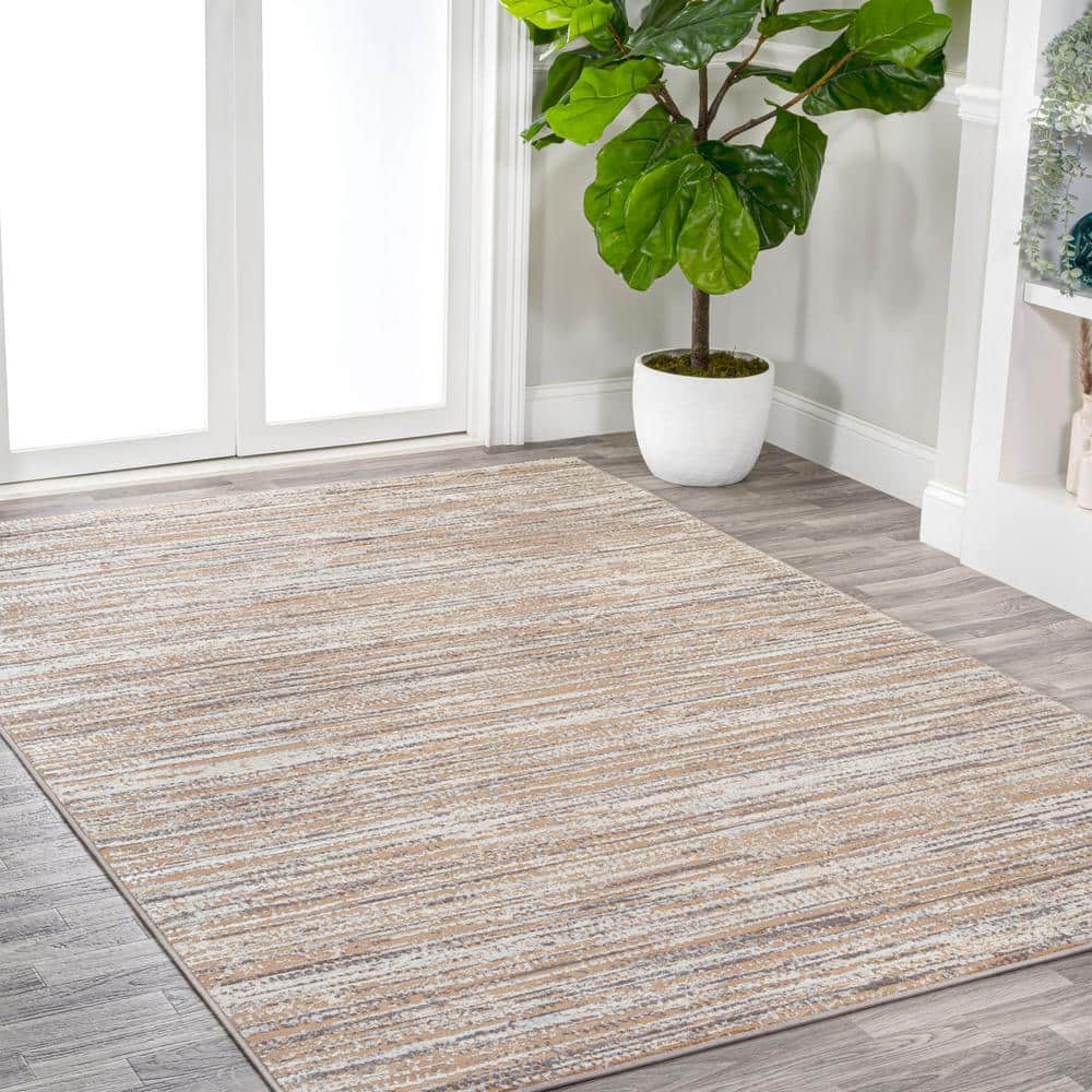 Beige and Gray Striped Synthetic Reversible Area Rug