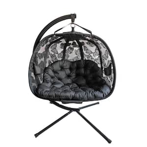 5.5 ft. x 4 ft. Free Standing Hanging Cushion Pumpkin Chair Hammock with Stand in Black Butterfly