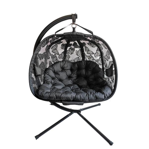 FlowerHouse 5.5 ft. x 4 ft. Free Standing Hanging Cushion Pumpkin Chair Hammock with Stand in Black Butterfly
