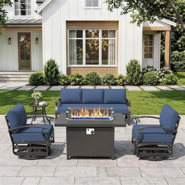 5-Piece Aluminum Patio Conversation Set with armrest, Firepit Table, Swivel Rocking Chairs and Navy-Blue Cushions