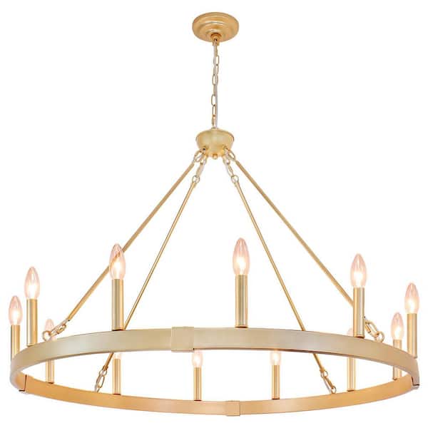 Farmhouse 12-Light Gold Wagon Wheel Chandelier, 37.4 in. Round High Ceiling Lighting for Kitchen Island Entryway Foyer