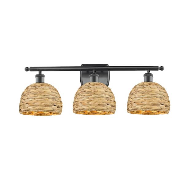 Woven Rattan 28 in. 3-Light Matte Black Vanity Light with Rattan Shade