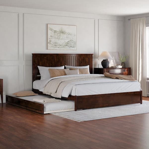 AFI Malta Walnut Brown Solid Wood Frame King Platform Bed with Panel Footboard Twin XL Trundle